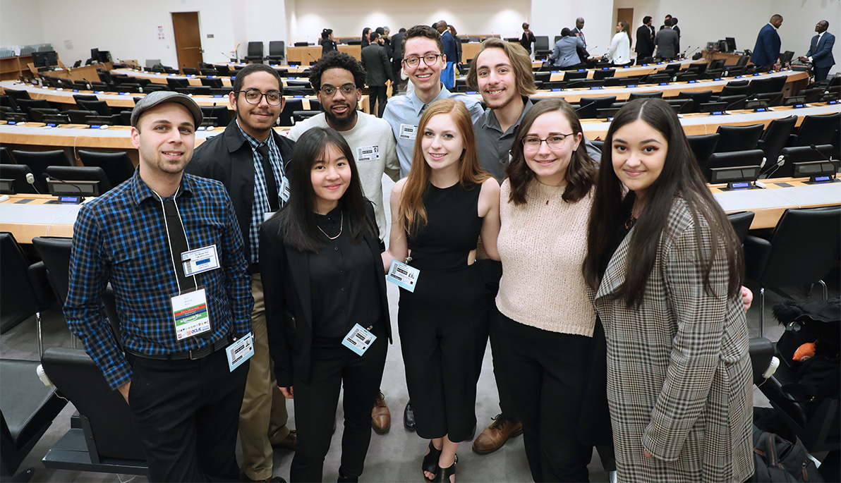 Photo of student filmmakers at U.N. event