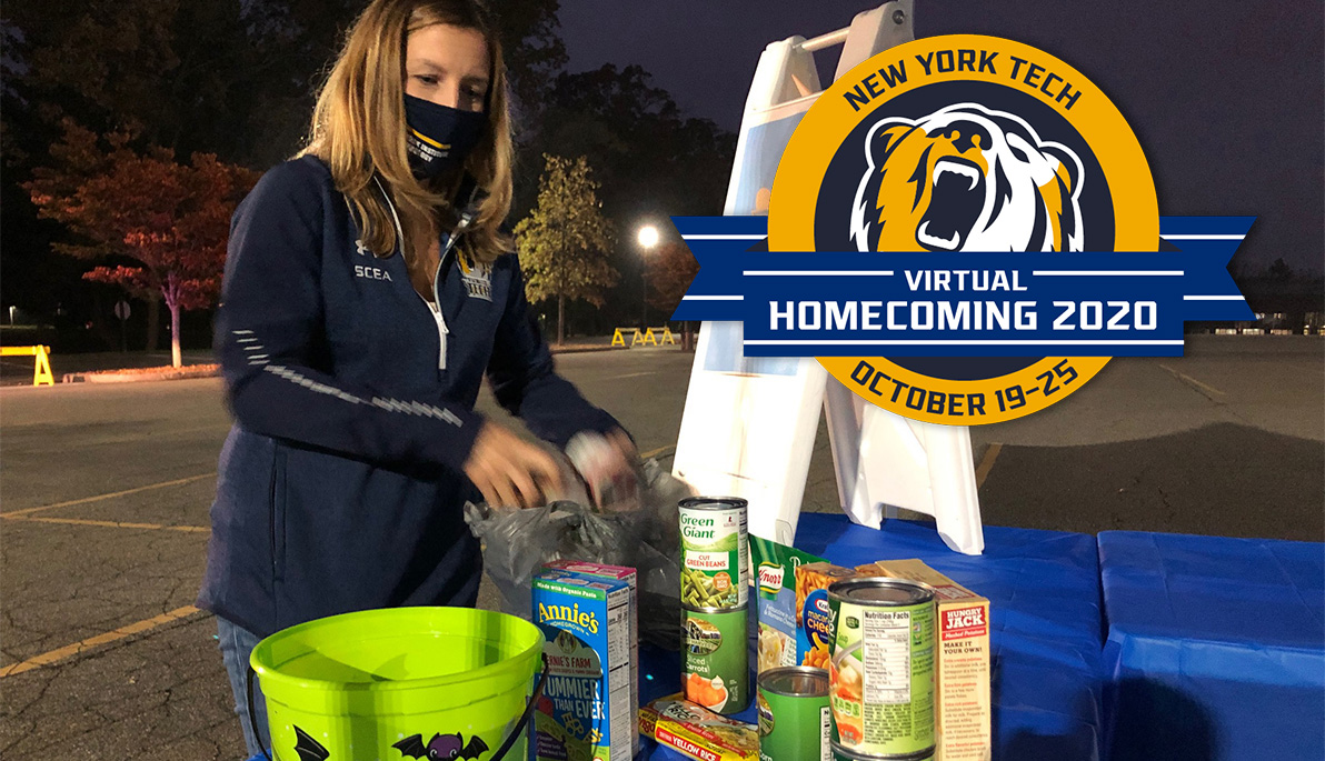 Mashup of alumna collecting food donations and Virtual Homecoming 2020 logo.