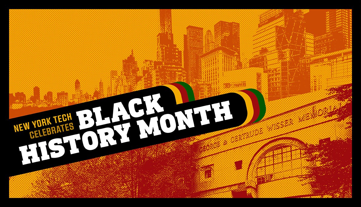 Black History Month over a background of the Long Island and New York City campuses