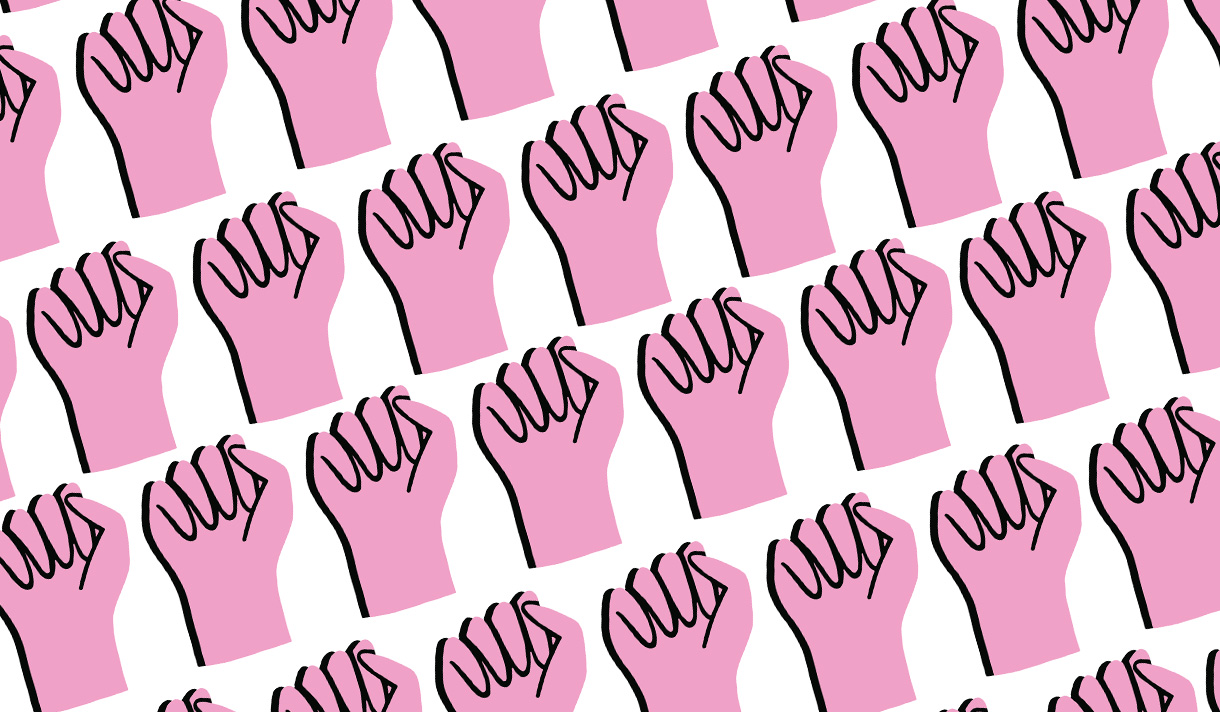 A drawing of many pink fists raised up