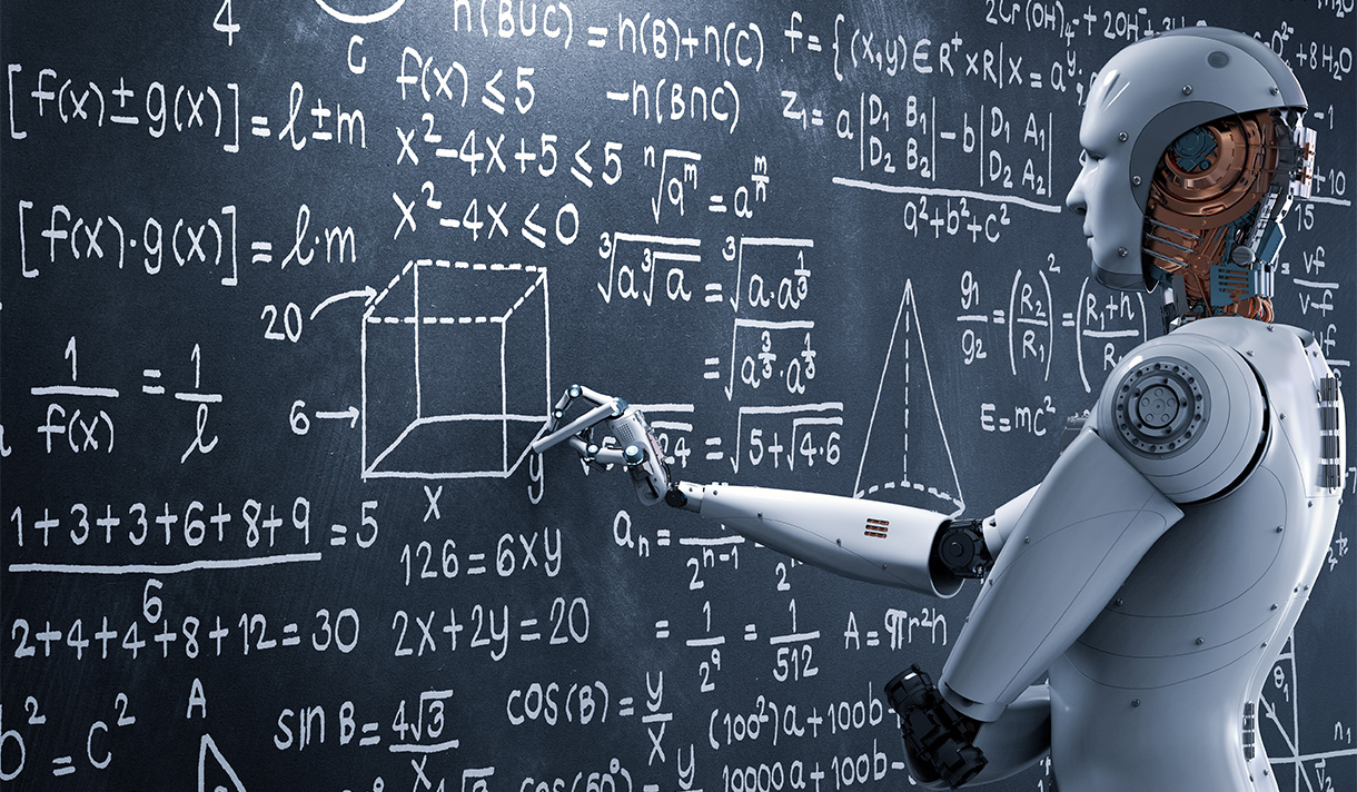 A robot at a blackboard doing math