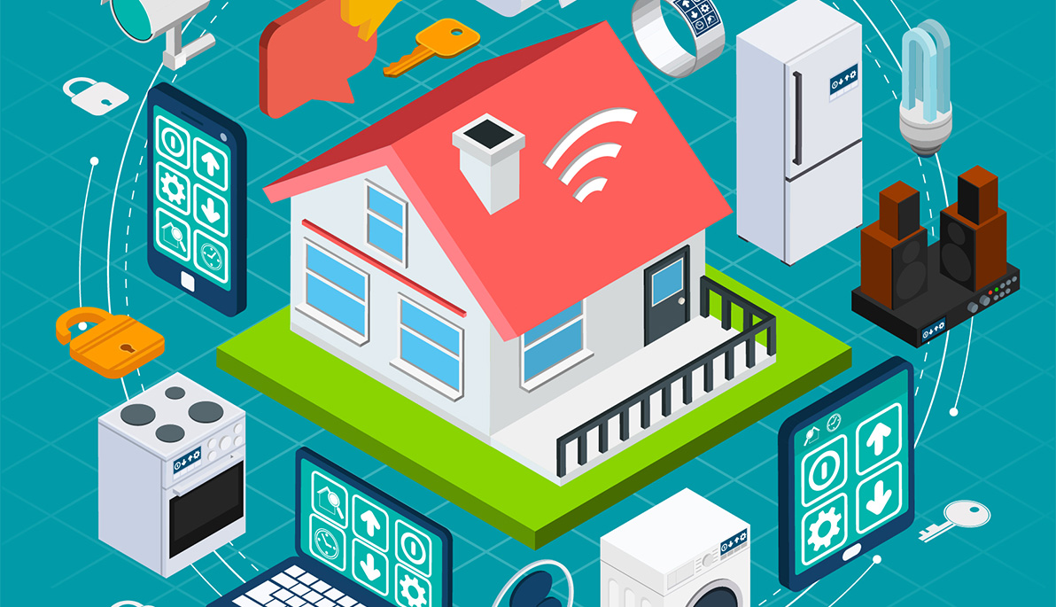 Illustration of a house surrounded by electronic devices and household appliances.