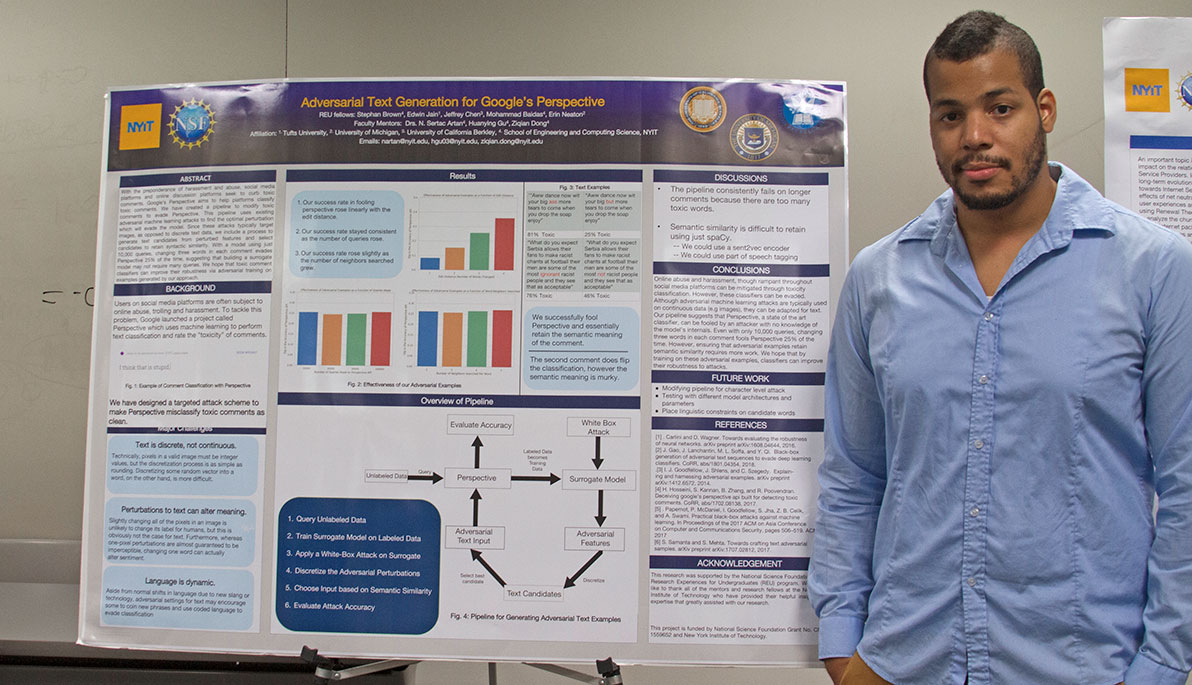 NYIT student Stephan Brown in front of his poster.