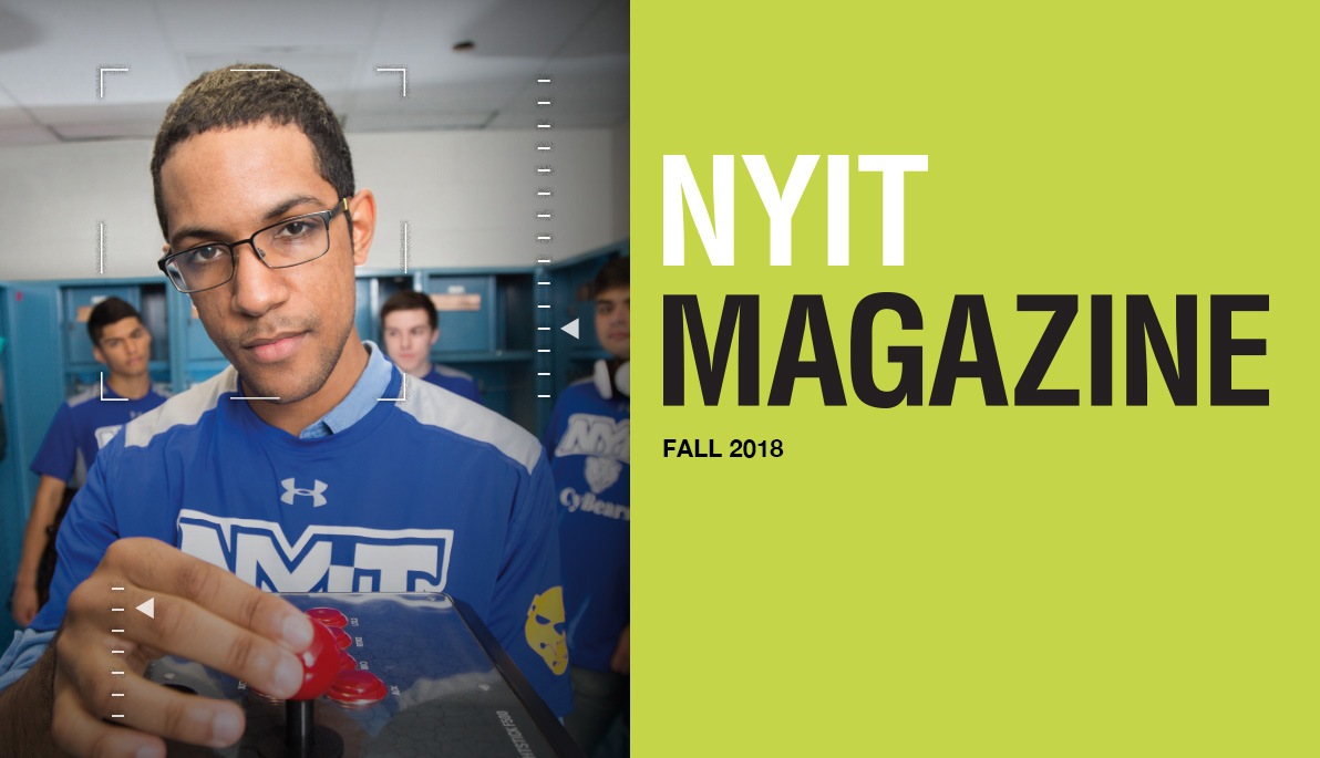 Cover of the Fall 2018 issue featuring a member of the CyBears eSports team