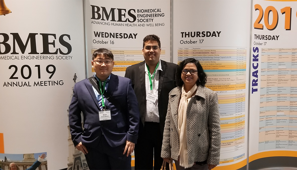 Brian Nguyen, Cristopher Garzon, and Niharika Nath at the 2019 Biomedical Engineering Society conference in Philadelphia.