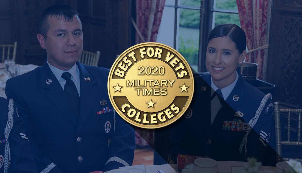 New York Tech veteran students and Military Times Best Military College badge
