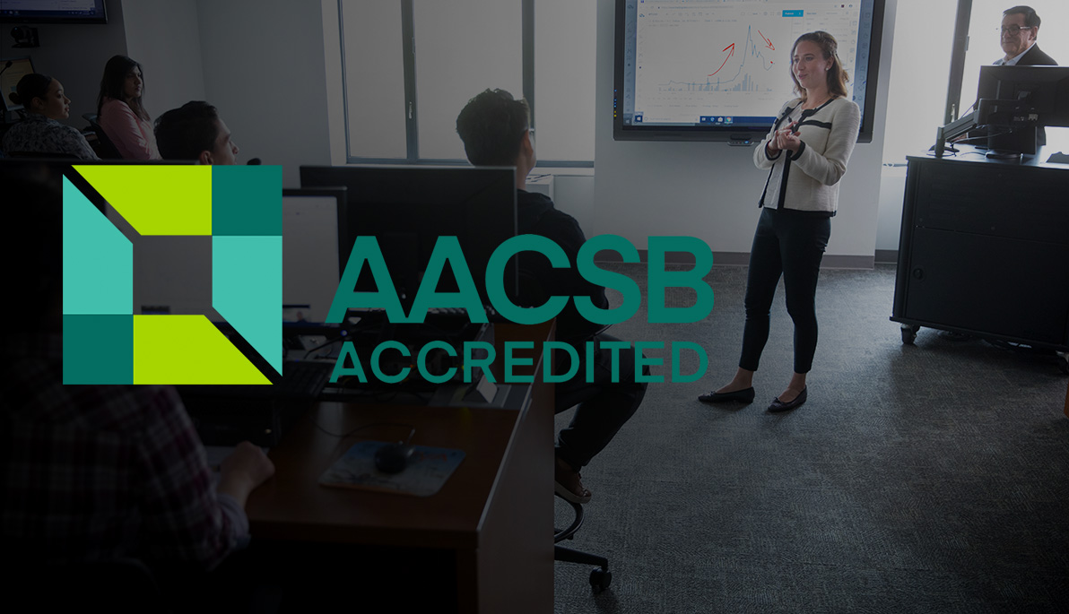 Student presenting in front of class with AACSB logo overlay
