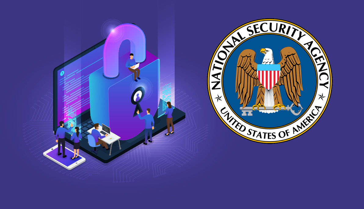Mashup of whimsical illustration of people sitting and standing on a laptop and giant lock and NSA logo.