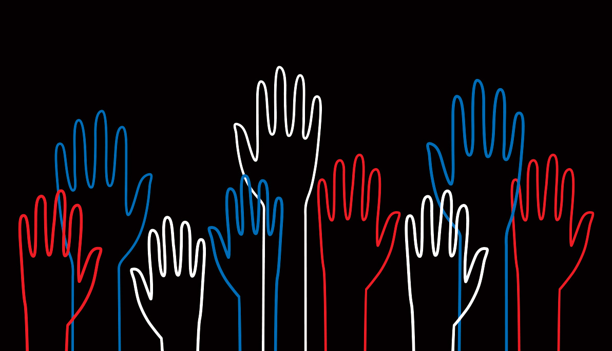 Whimsical illustration of red, white, and blue hands