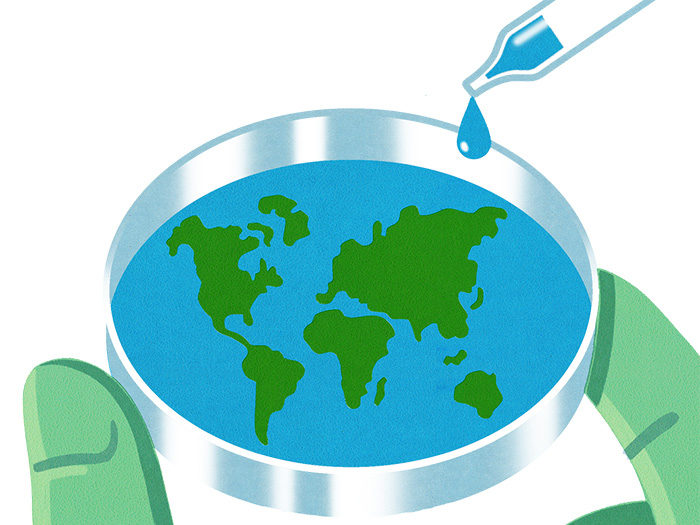 illustration of eyedropper and world map in petri dish