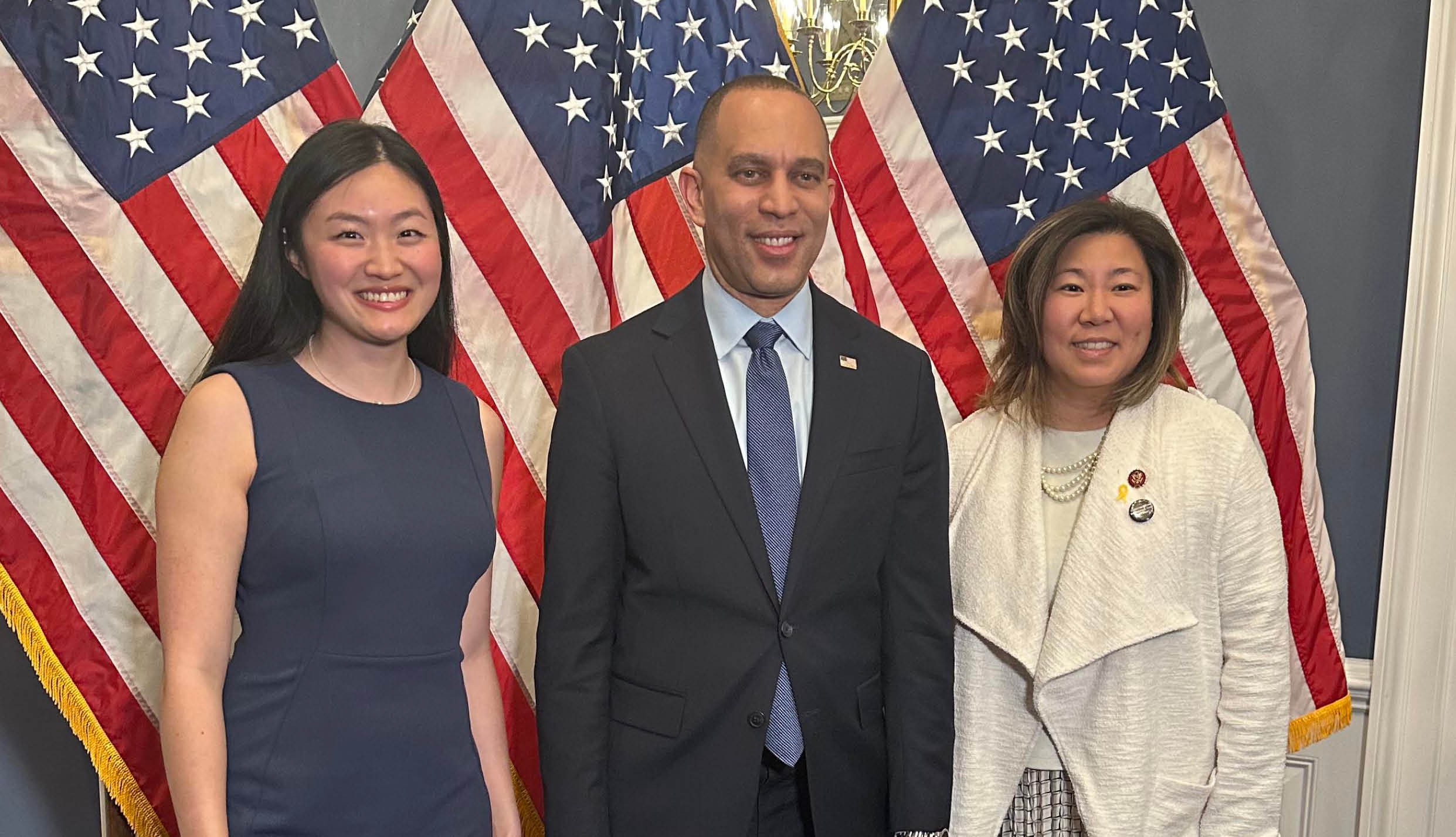 New York Tech student Briteny Xu with House Minority Leader Hakeem Jeffries and Congresswoman Grace Meng