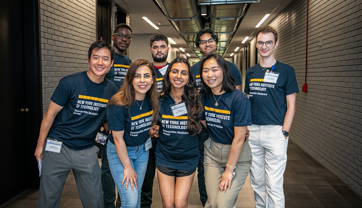 Group of New York Tech College of Osteopathic Medicine students wearing New York Institute of Technology t-shirts