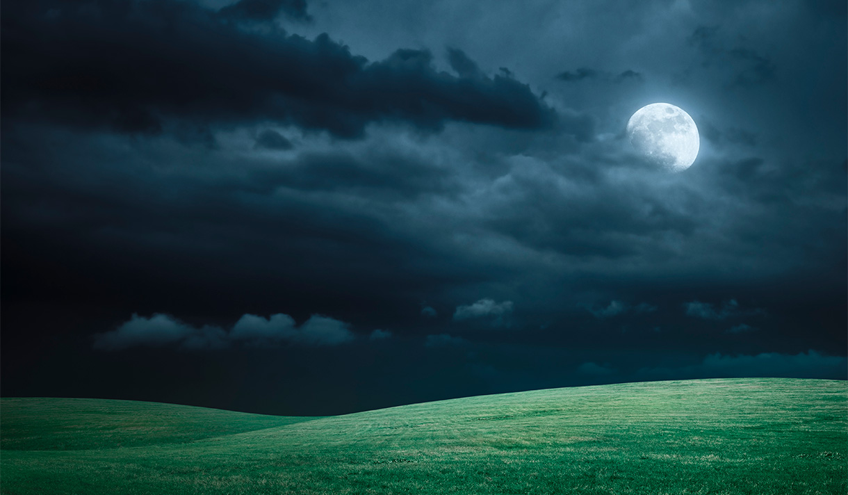 Background of a field at night with a moon