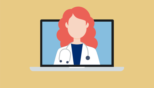 Illustration of medical professional in a lab coat embedded in a computer screen