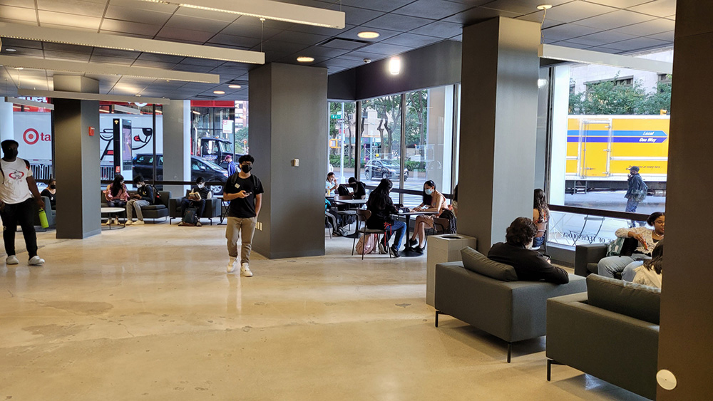 A student lounge at 1855 Broadway (Edward Guiliano Global Center) on the New York City campus