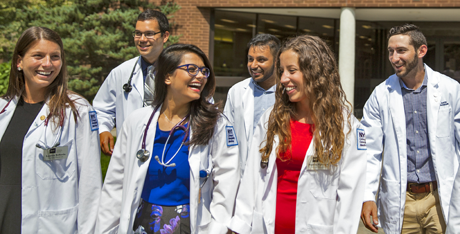 College of Osteopathic Medicine students outside of Riland Building on Long Island campus.