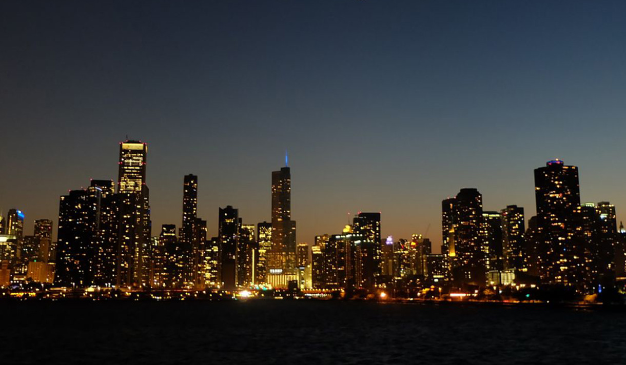 Skyline of downtown NYC at dusk.