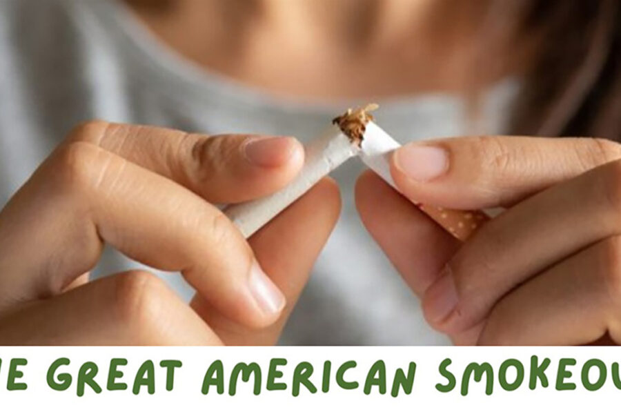 A person breaking a cigarette wih the words "Great American Smokeout"