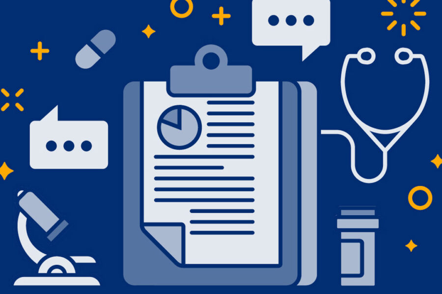 Health and wellness represented graphically by a medical chart, a stethoscope, a microscope, pills, etc.