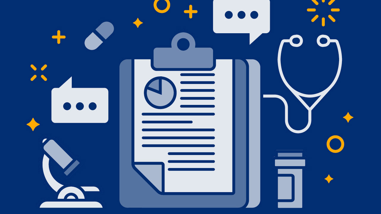 Health and wellness represented graphically by a medical chart, a stethoscope, a microscope, pills, etc.