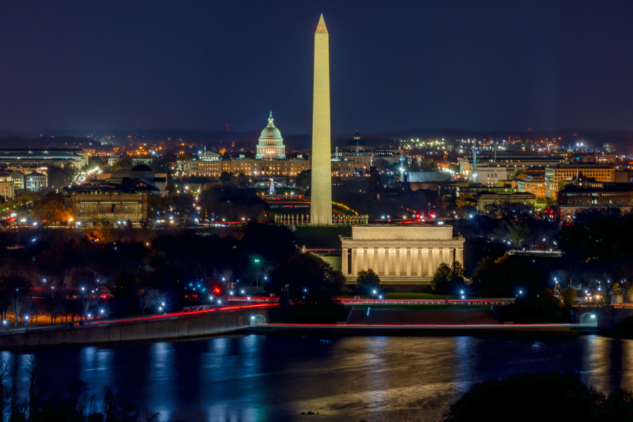 The Washington, D.C., skyline at night, showing the Washington Monument