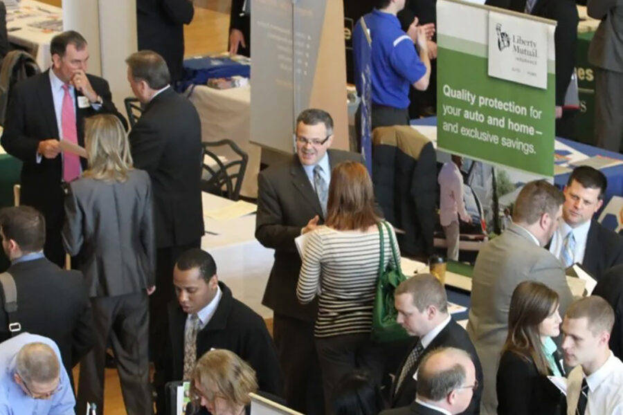 Students and employers at an in-person career fair