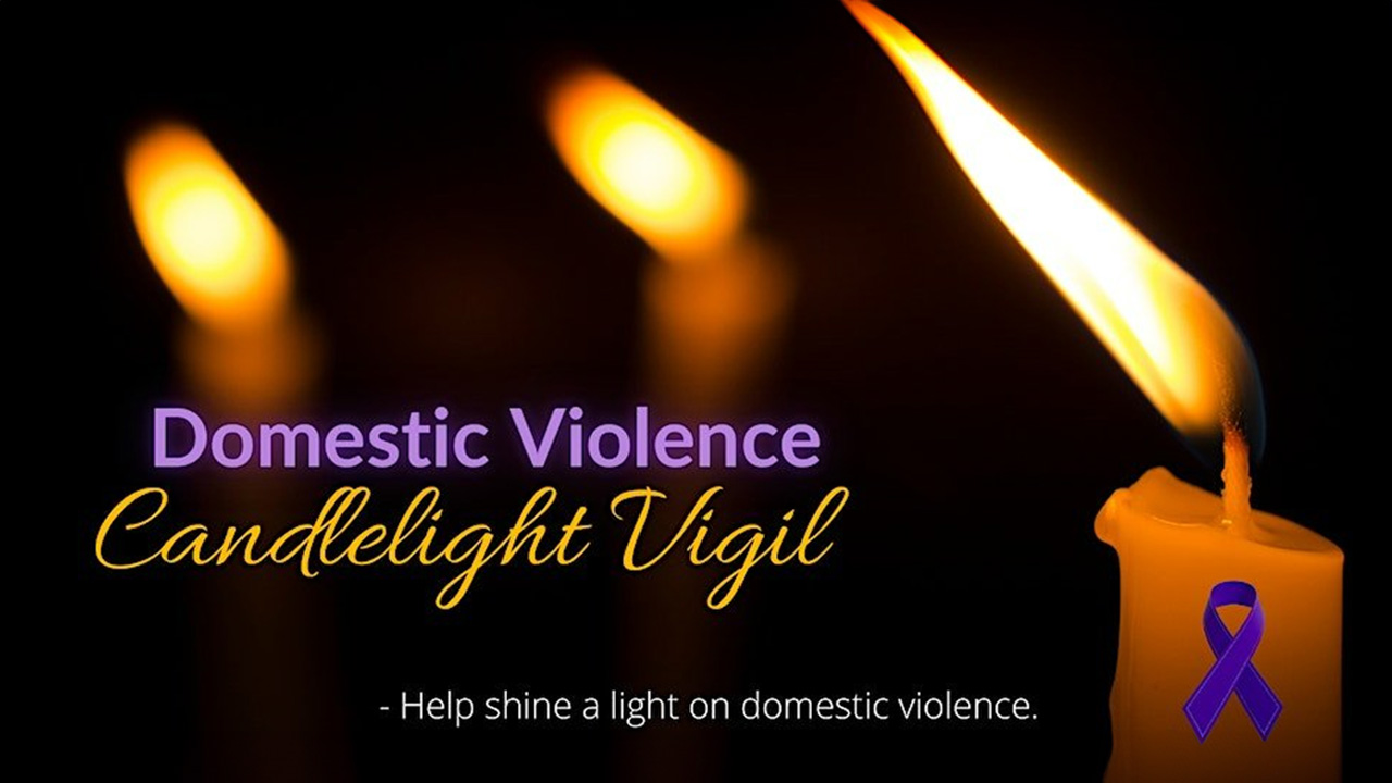 Domestic violence candlelight vigil, images of candles in the night.