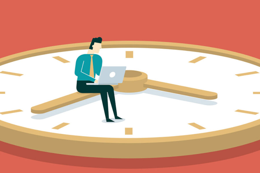 An illustration of a person with a laptop sitting on a giant clock face.