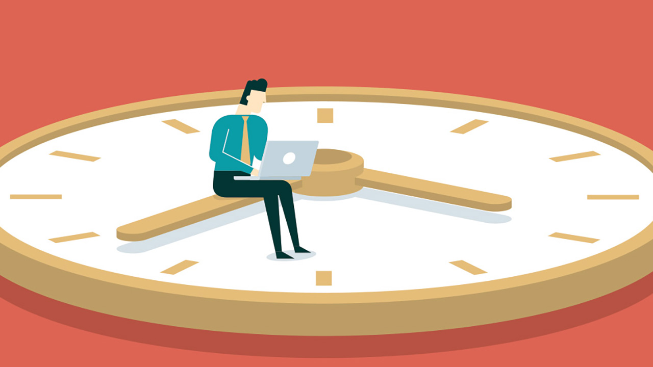 An illustration of a person with a laptop sitting on a giant clock face.