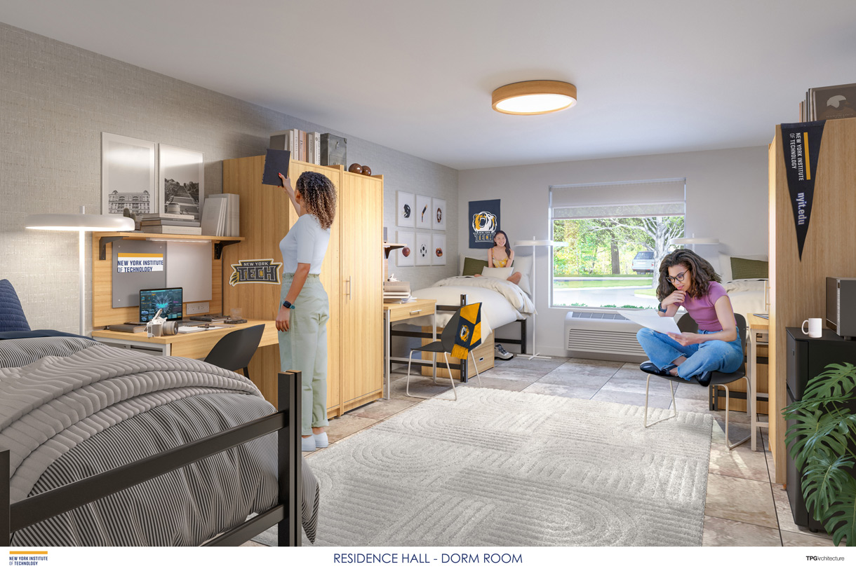 Students sit in a modern looking dorm room.