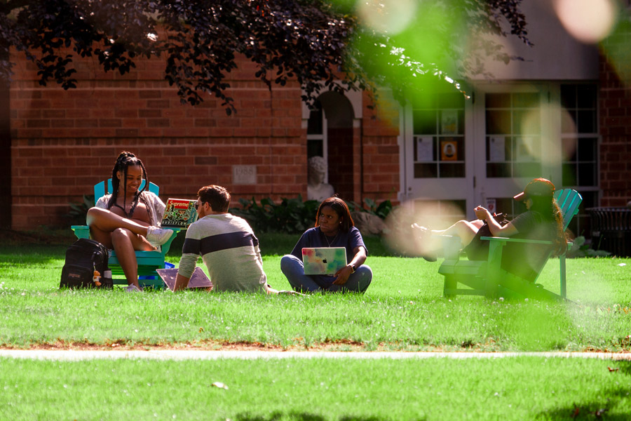 Sitting in the grass or on Adirondack chairs, humanities students at New York Tech enjoy reading and studying outdoors on the Old Westbury campus.