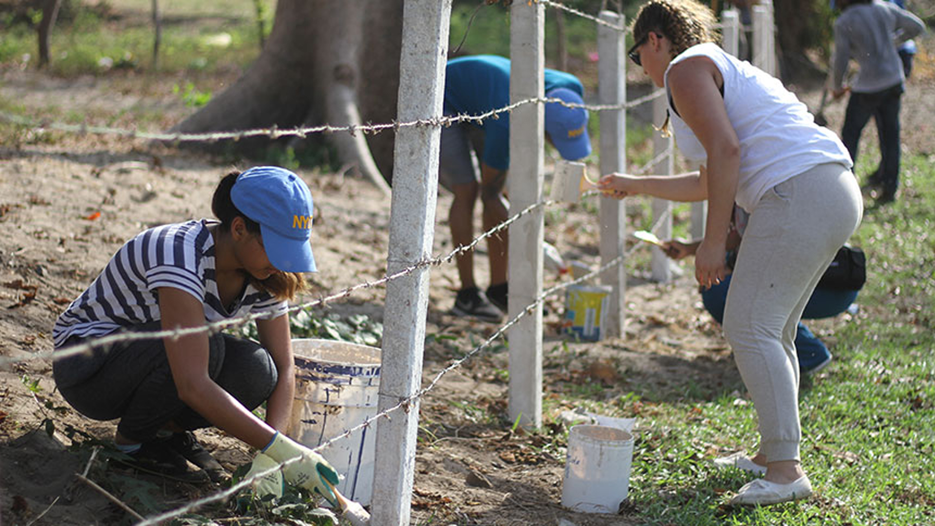 Student volunteer in the community by building a structure in the ground.