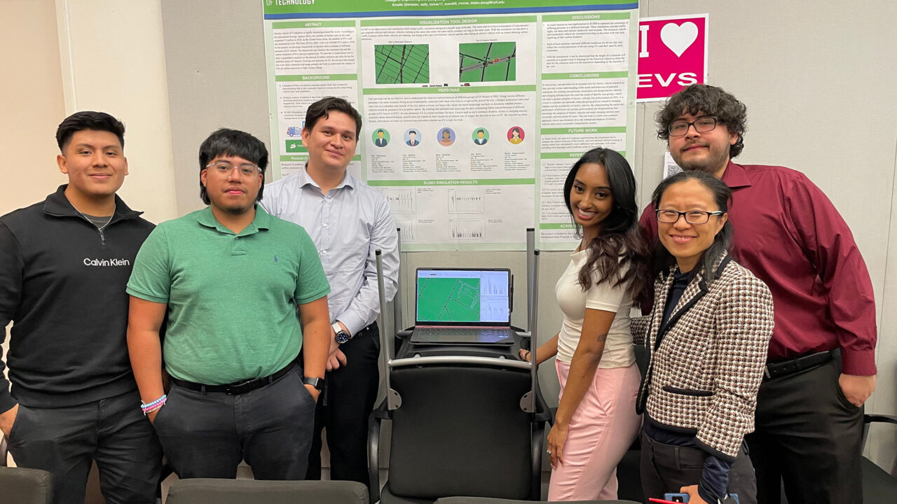 A group of six students in front of a project board.