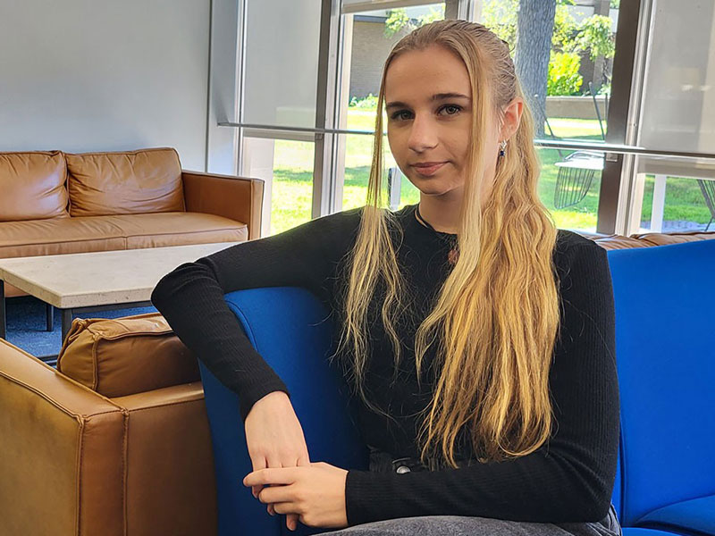 While sitting in a common area at New York Tech, College of Engineering and Computing Sciences student Joanna Sroka talks about her goals and experience in ETIC.