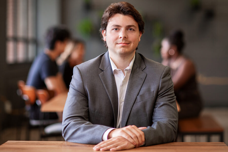 A student poses in business attire.