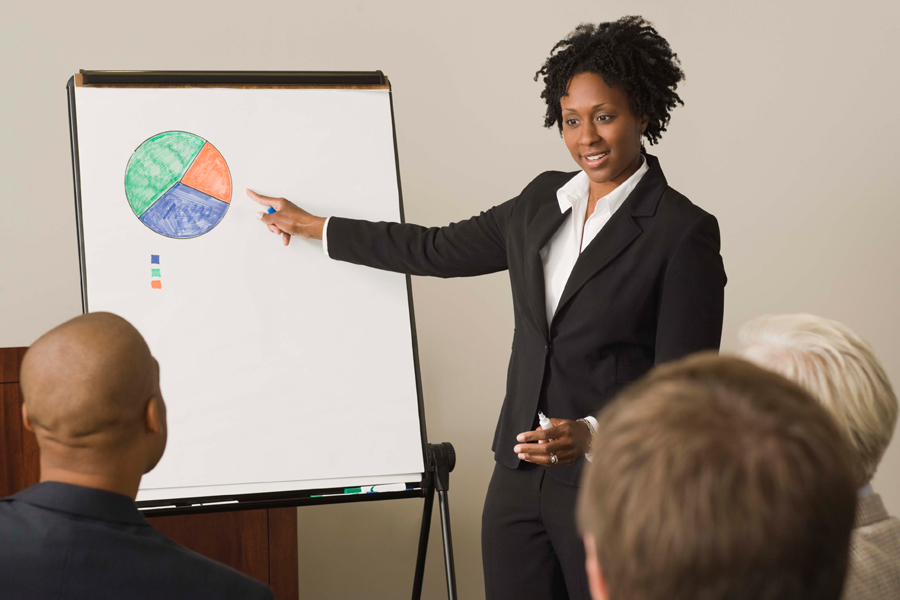 A person presenting a pie chart in a conference room.