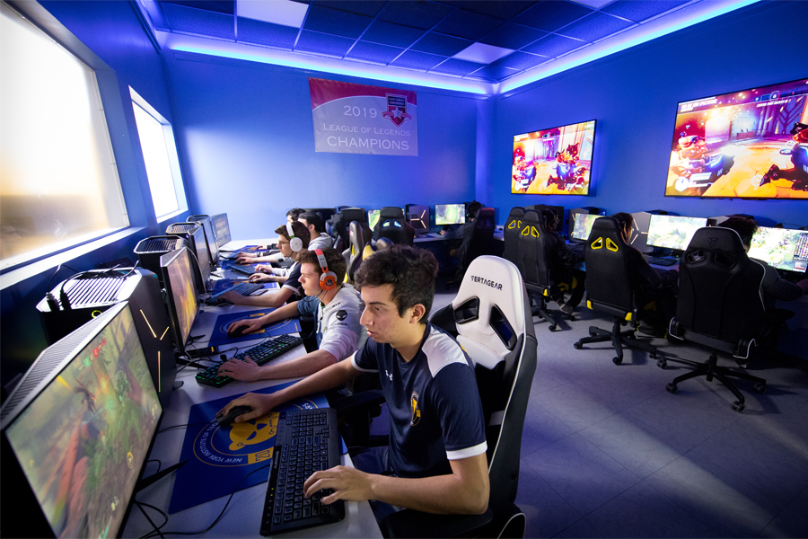 E-sports gamers compete in a gaming room at the New York Tech campus.