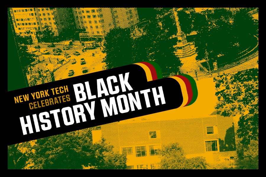 Black History Month over a backdrop of Long Island and New York City campuses