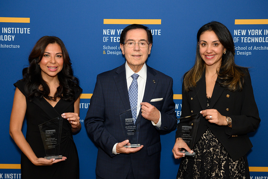 Roxana Kariyannis, John Sorrenti, and Ghita Akkar holding awards