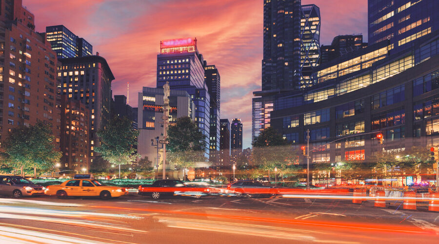 New York Tech's New York City campus at dusk.