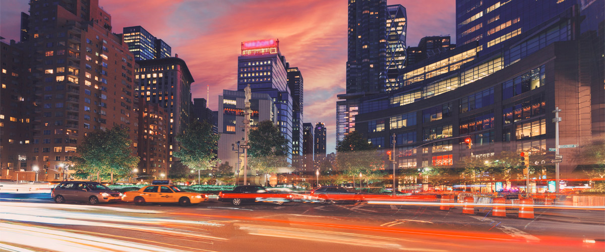 New York Tech's New York City campus at dusk.