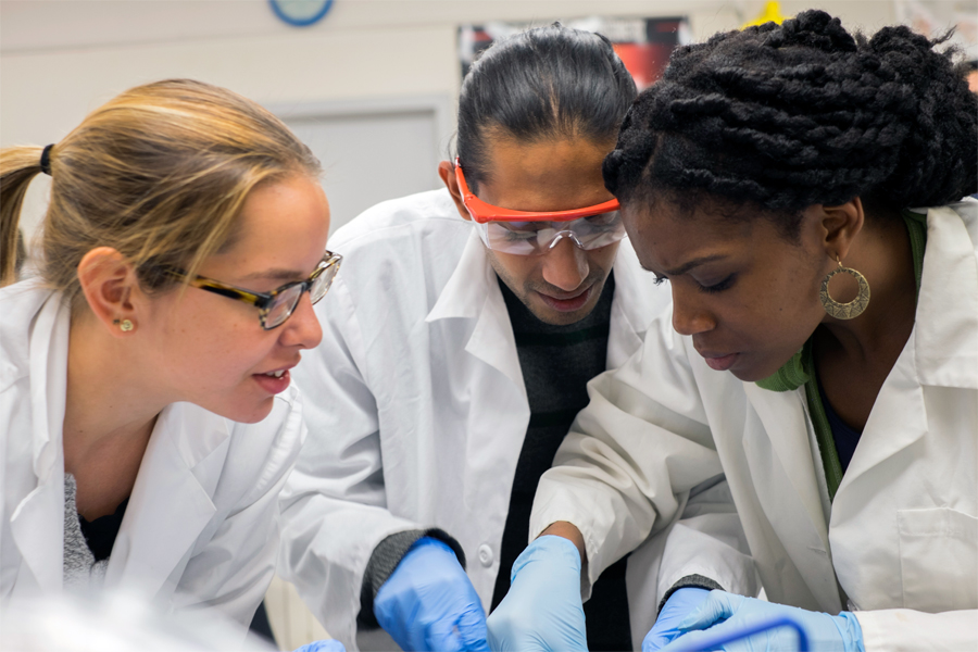 Three students in white coats and blue examination gloves.